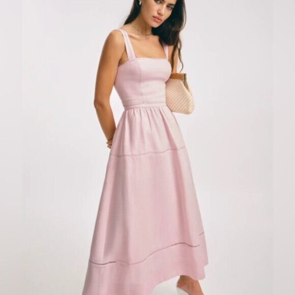 NEW Reformation Everett Linen Midi Dress Cherry Blossom Light Pink | US 0 UK 4 - Picture 11 of 14